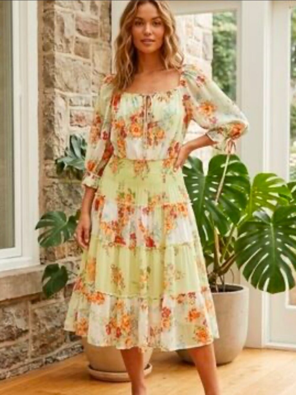 Anthropologie Pale Yellow Floral Tiered Midi Dress with Orange Blooms